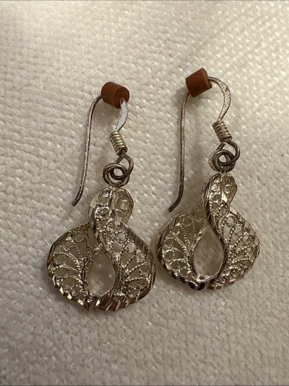 Source Unknown Silver Filigree Twist Drop Earrings with Brown Ear Nuts